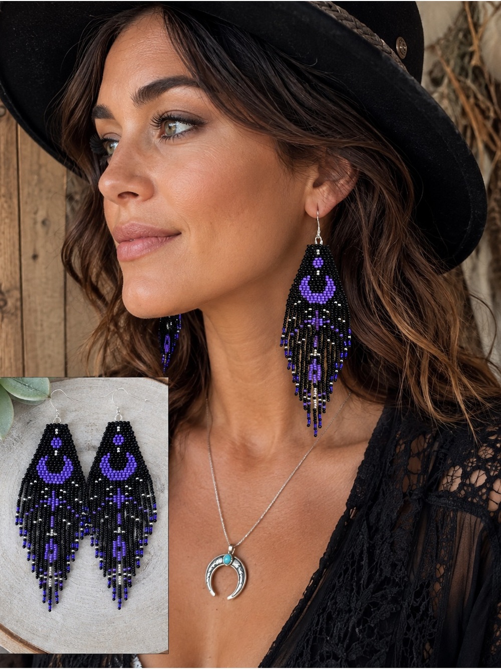 Hand Crafted Black and Purple Celestial Beaded Fringe Earrings - Women Jewelry